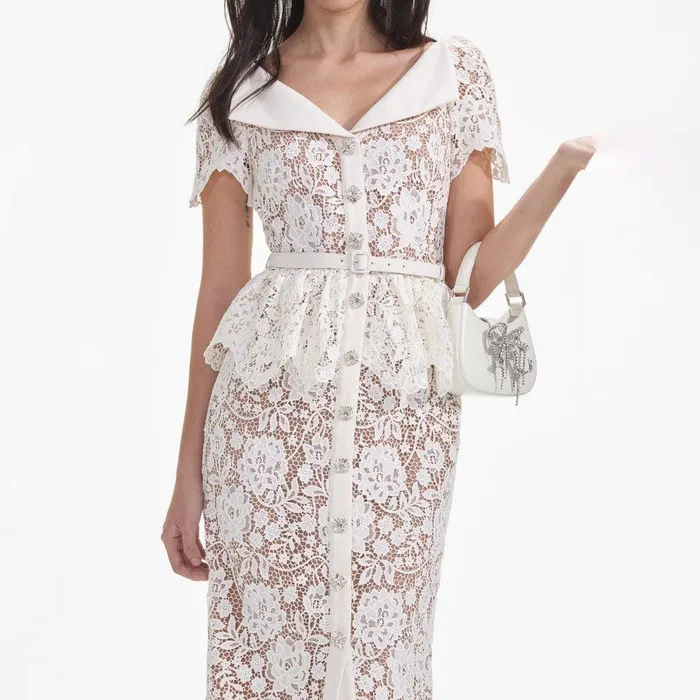Self Portrait Dresses Cream Lace Peplum Midi Dress 8211 Women