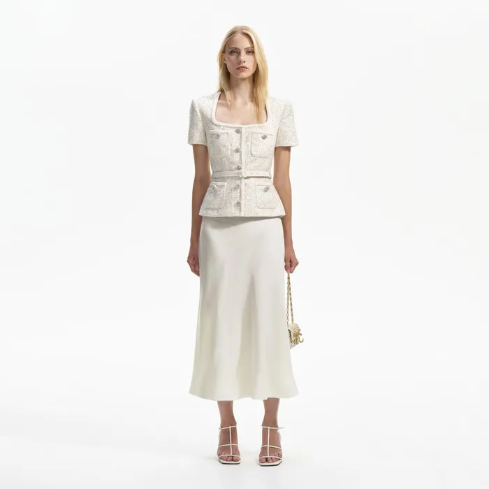 Self Portrait Dresses Cream Sequin Boucle Midi Dress 8211 Women