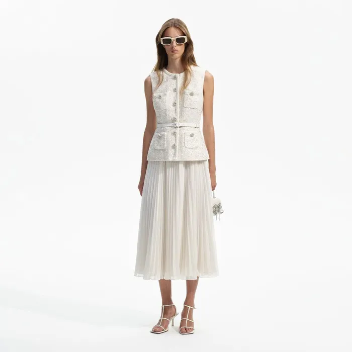 Self Portrait Dresses Cream Sequin Boucle Tailored Midi Dress 8211 Women