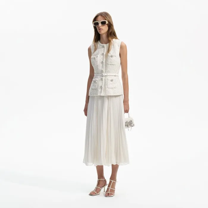 Self Portrait Dresses Cream Sequin Boucle Tailored Midi Dress 8211 Women