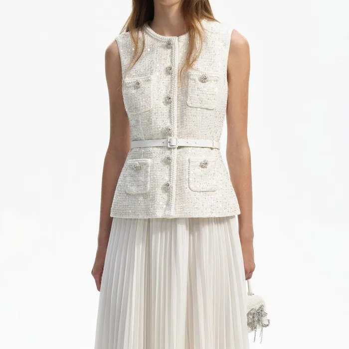 Self Portrait Dresses Cream Sequin Boucle Tailored Midi Dress 8211 Women