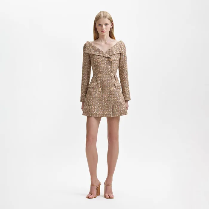 Self Portrait Dresses Gold Tinsel Boucle Off Shoulder Mini Dress 8211 Women