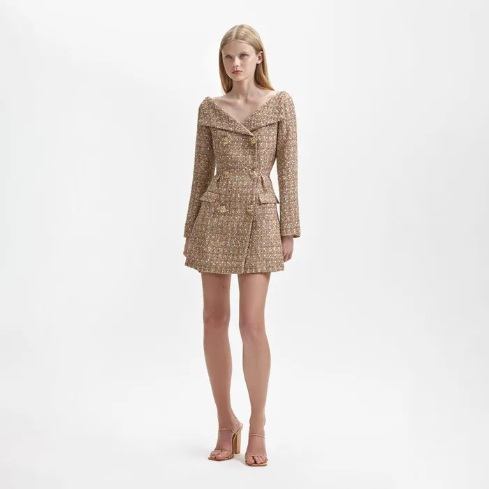 Self Portrait Dresses Gold Tinsel Boucle Off Shoulder Mini Dress 8211 Women
