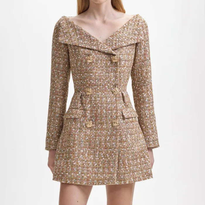 Self Portrait Dresses Gold Tinsel Boucle Off Shoulder Mini Dress 8211 Women