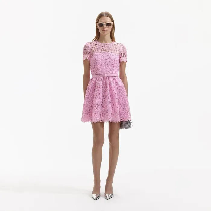 Self Portrait Dresses Pink Guipure Round Neck Mini Dress 8211 Women