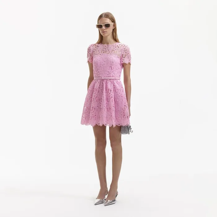 Self Portrait Dresses Pink Guipure Round Neck Mini Dress 8211 Women