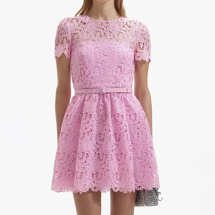 Self Portrait Dresses Pink Guipure Round Neck Mini Dress 8211 Women