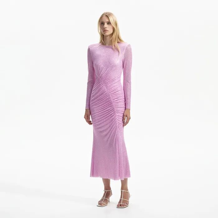Self Portrait Dresses Pink Rhinestone Mesh Gathered Midi Dress 8211 Women