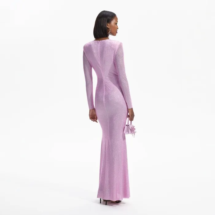 Self Portrait Dresses Pink Rhinestone Mesh Maxi Dress 8211 Women