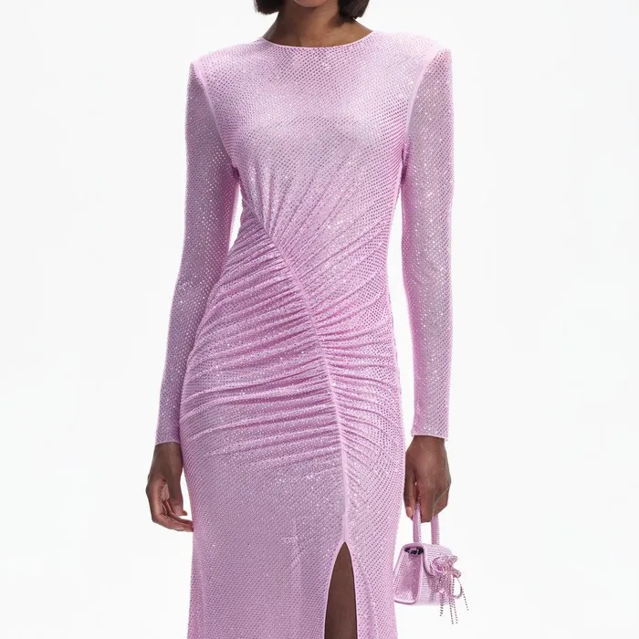 Self Portrait Dresses Pink Rhinestone Mesh Maxi Dress 8211 Women