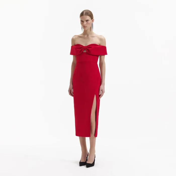 Self Portrait Dresses Red Crepe Off Shoulder Bow Midi Dress 8211 Women