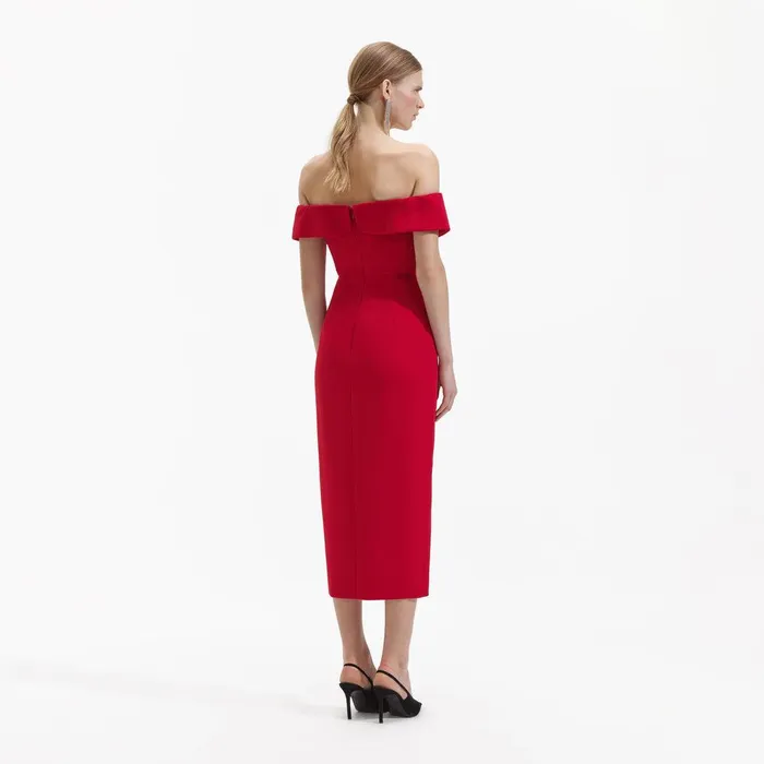 Self Portrait Dresses Red Crepe Off Shoulder Bow Midi Dress 8211 Women