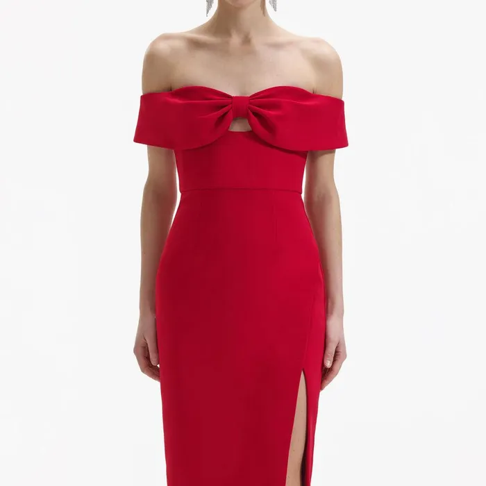 Self Portrait Dresses Red Crepe Off Shoulder Bow Midi Dress 8211 Women