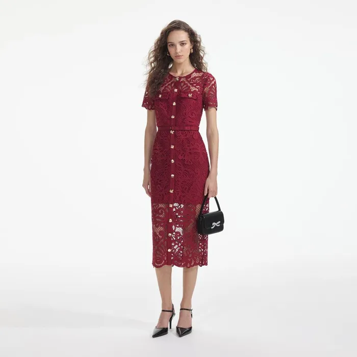 Self Portrait Dresses Red Guipure Lace Button Midi Dress 8211 Women