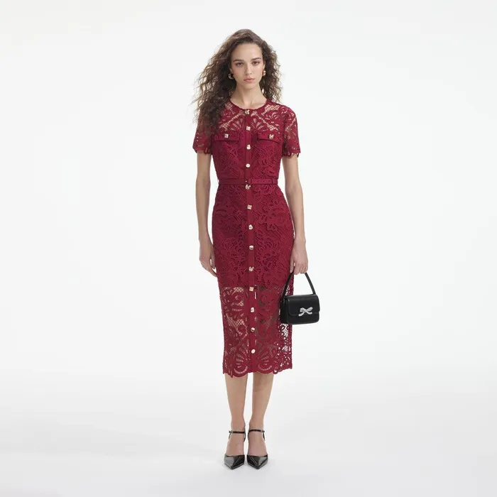 Self Portrait Dresses Red Guipure Lace Button Midi Dress 8211 Women