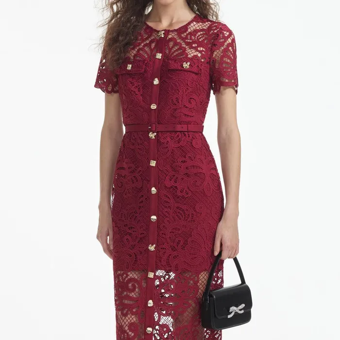 Self Portrait Dresses Red Guipure Lace Button Midi Dress 8211 Women