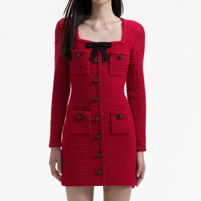 Self Portrait Dresses Red Knit Bow Round Neck Mini Dress 8211 Women