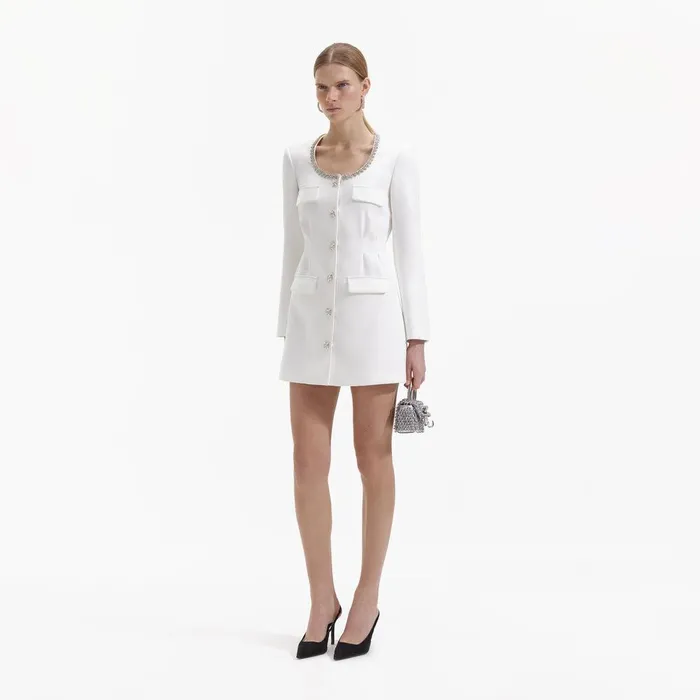 Self Portrait Dresses White Crepe Diamante Trim Mini Dress 8211 Women