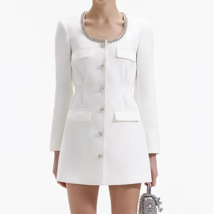 Self Portrait Dresses White Crepe Diamante Trim Mini Dress 8211 Women