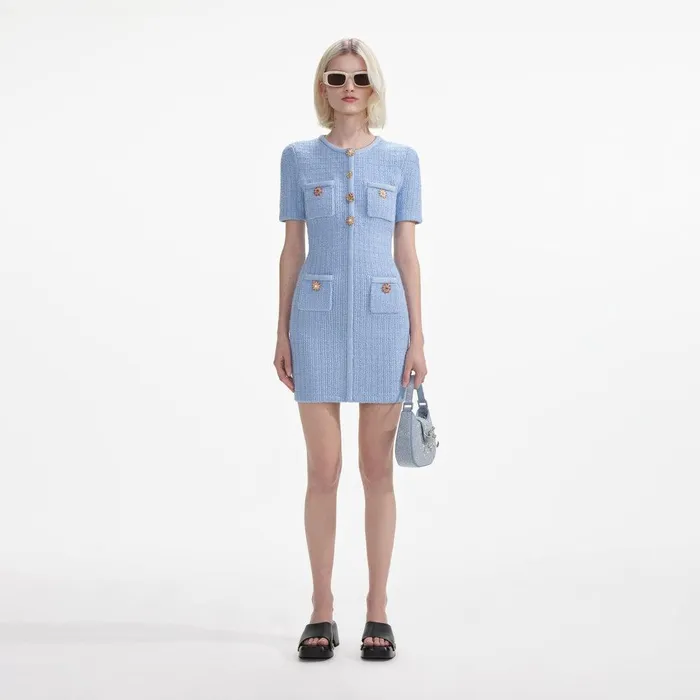 Self Portrait Knitwear Blue Jewel Button Knit Mini Dress 8211 Women