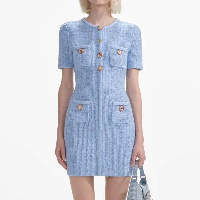 Self Portrait Knitwear Blue Jewel Button Knit Mini Dress 8211 Women
