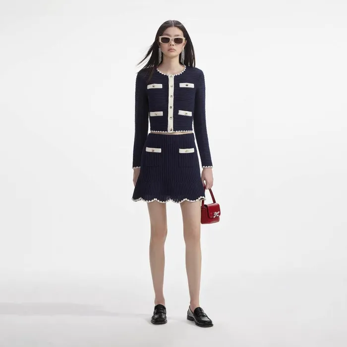 Self Portrait Knitwear Navy Crochet Contrast Trim Mini Skirt 8211 Women