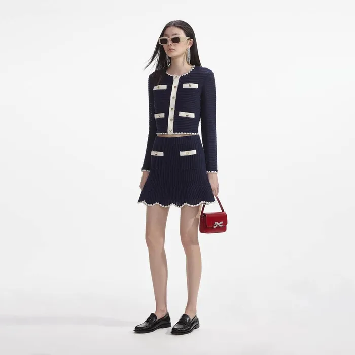 Self Portrait Knitwear Navy Crochet Contrast Trim Mini Skirt 8211 Women
