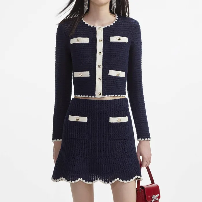 Self Portrait Knitwear Navy Crochet Contrast Trim Mini Skirt 8211 Women