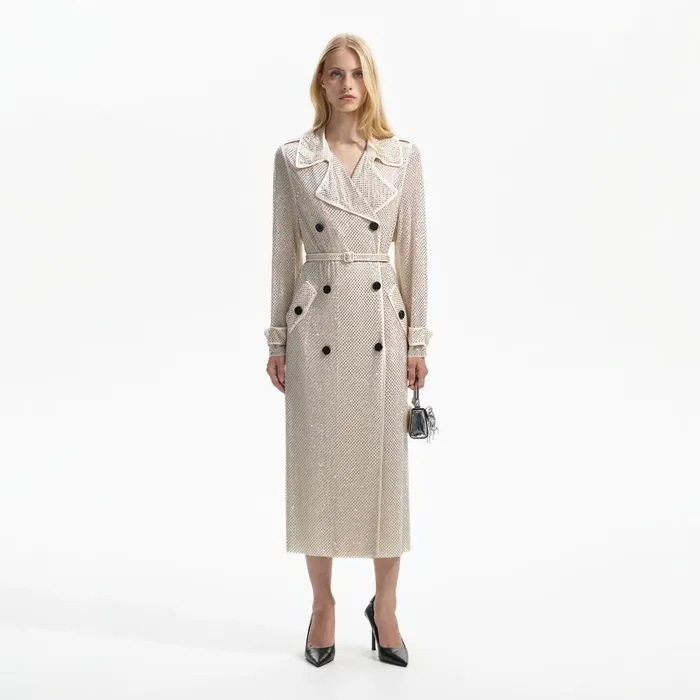 Self Portrait Outerwear Cream Rhinestone Trench 8211 Women