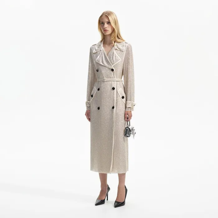 Self Portrait Outerwear Cream Rhinestone Trench 8211 Women