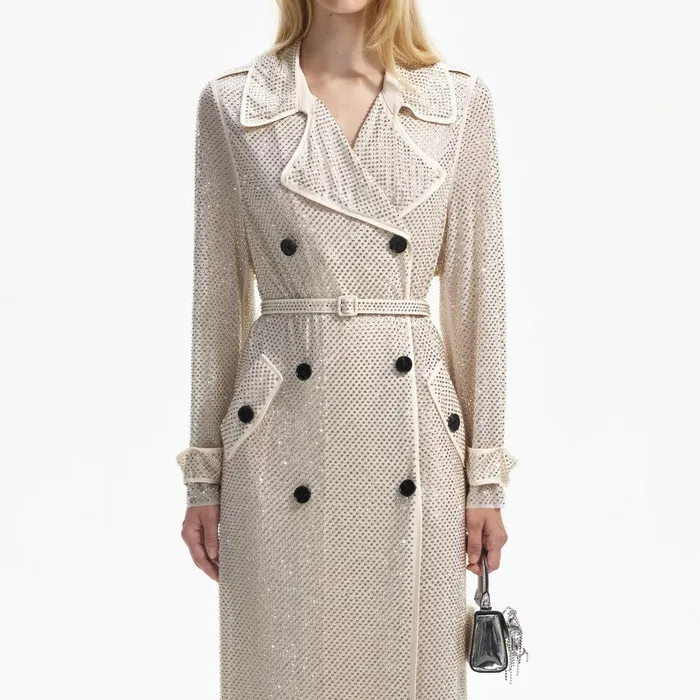 Self Portrait Outerwear Cream Rhinestone Trench 8211 Women