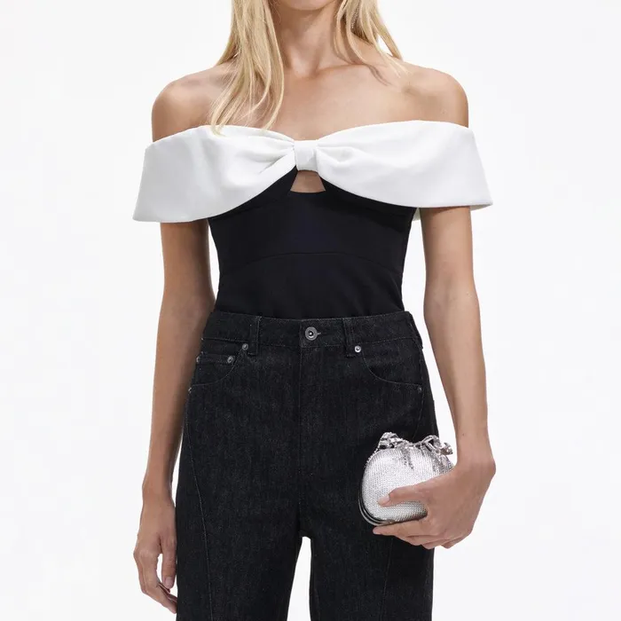 Self Portrait Tops Black Crepe Bow Top 8211 Women