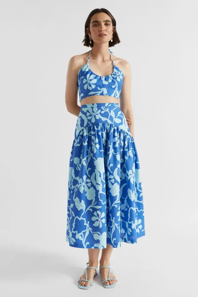 Sets Woman Seed Heritage Linen Floral Midi Skirt Deep Ocean Floral