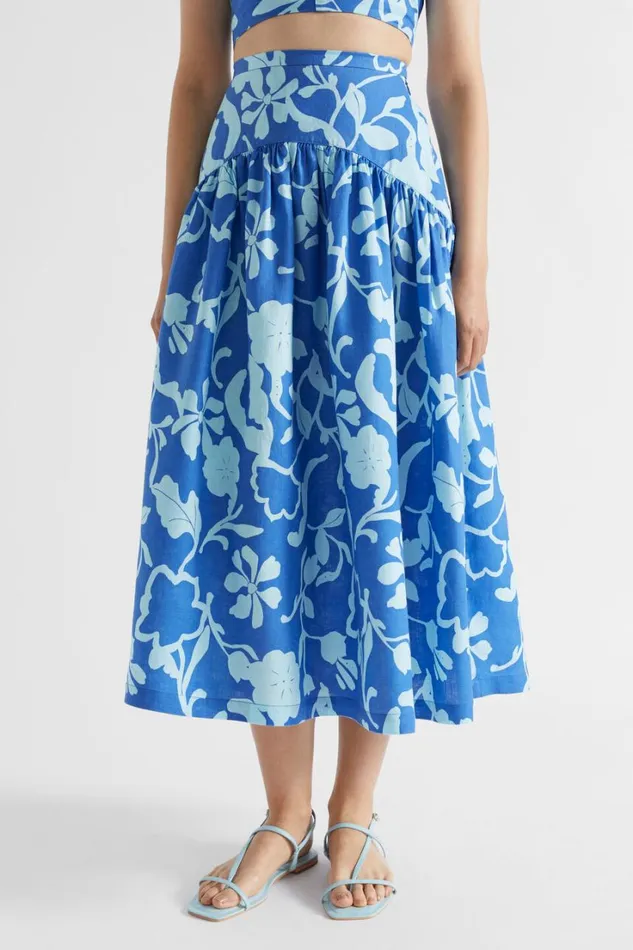 Sets Woman Seed Heritage Linen Floral Midi Skirt Deep Ocean Floral