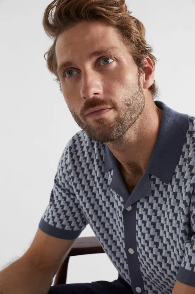 Shirts Man Seed Heritage Geo Knitted Polo Shirt Steel Blue Geo