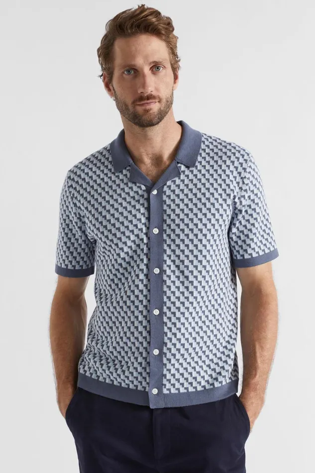 Shirts Man Seed Heritage Geo Knitted Polo Shirt Steel Blue Geo