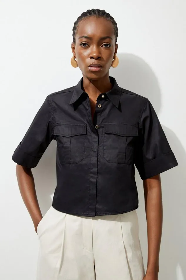 Shirts Women Karen Millen Cotton Sateen Woven Cargo Crop Shirt Black