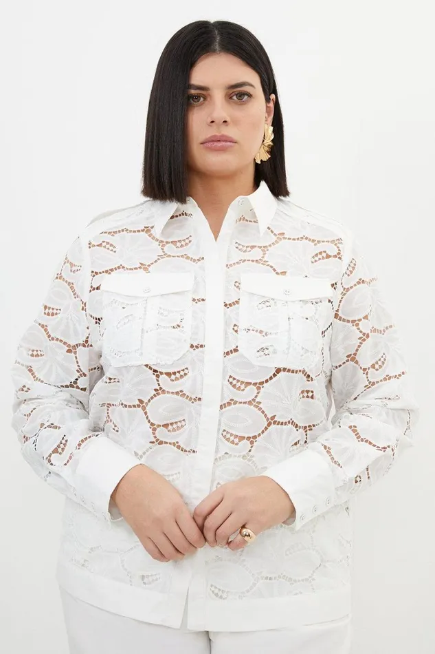 Shirts Women Karen Millen Plus Size Cotton Cutwork Woven Shirt White