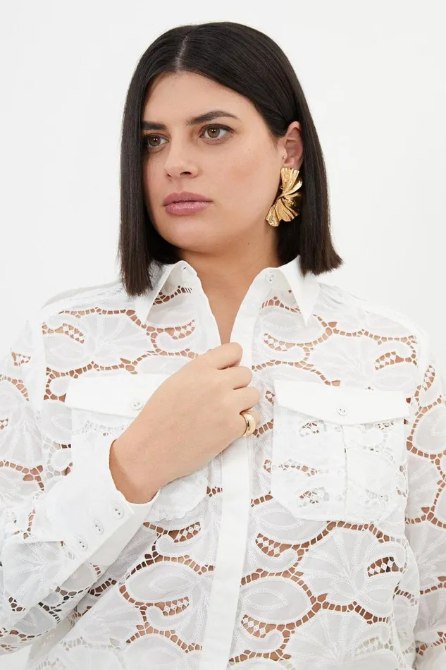 Shirts Women Karen Millen Plus Size Cotton Cutwork Woven Shirt White