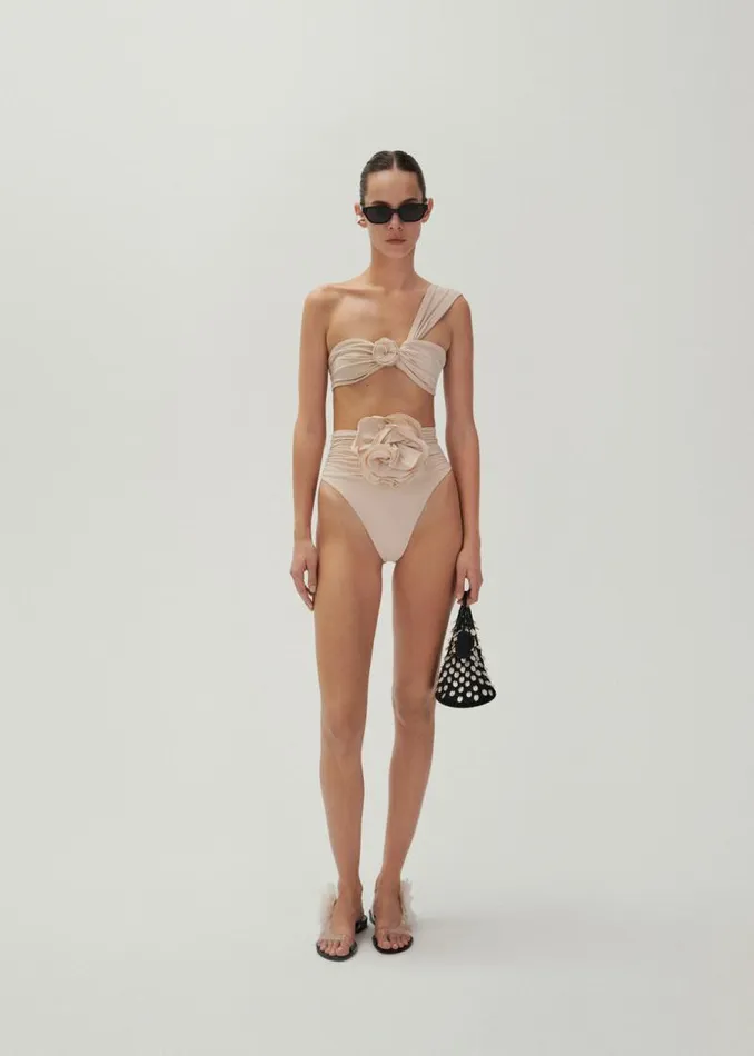 Shop Magda Butrym Beachwear One Shoulder Flower Swim Top In Beige Shop Magda Butrym Beachwear One Shoulder Flower Swim Top In Beige