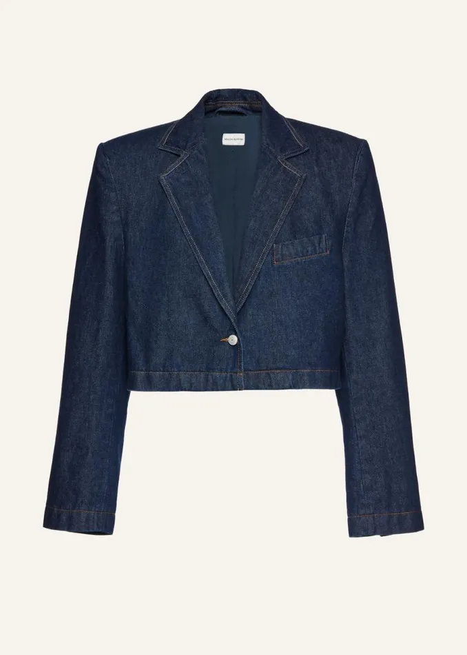 Shop Magda Butrym Denim Cropped Denim Blazer In Navy