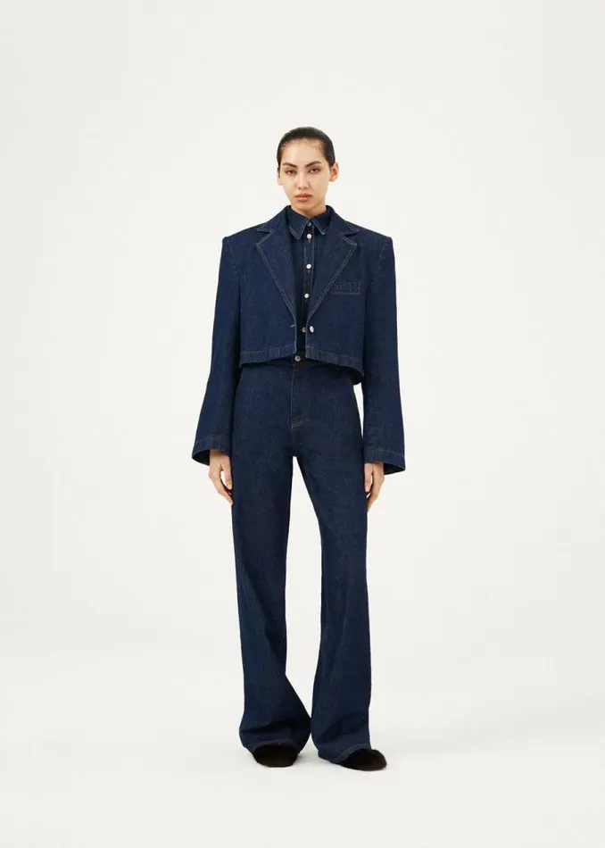 Shop Magda Butrym Denim Cropped Denim Blazer In Navy Shop Magda Butrym Denim Cropped Denim Blazer In Navy