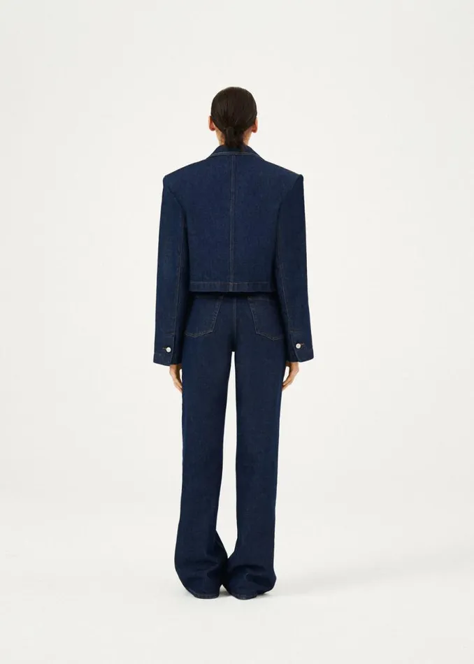 Shop Magda Butrym Denim Cropped Denim Blazer In Navy Shop Magda Butrym Denim Cropped Denim Blazer In Navy