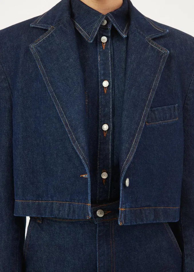 Shop Magda Butrym Denim Cropped Denim Blazer In Navy Shop Magda Butrym Denim Cropped Denim Blazer In Navy