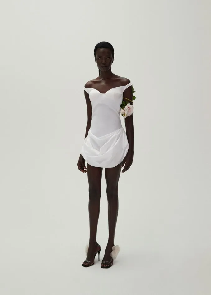 Shop Magda Butrym Dresses Off Shoulder Draped Cotton Mini Dress In White Shop Magda Butrym Dresses Off Shoulder Draped Cotton Mini Dress In White