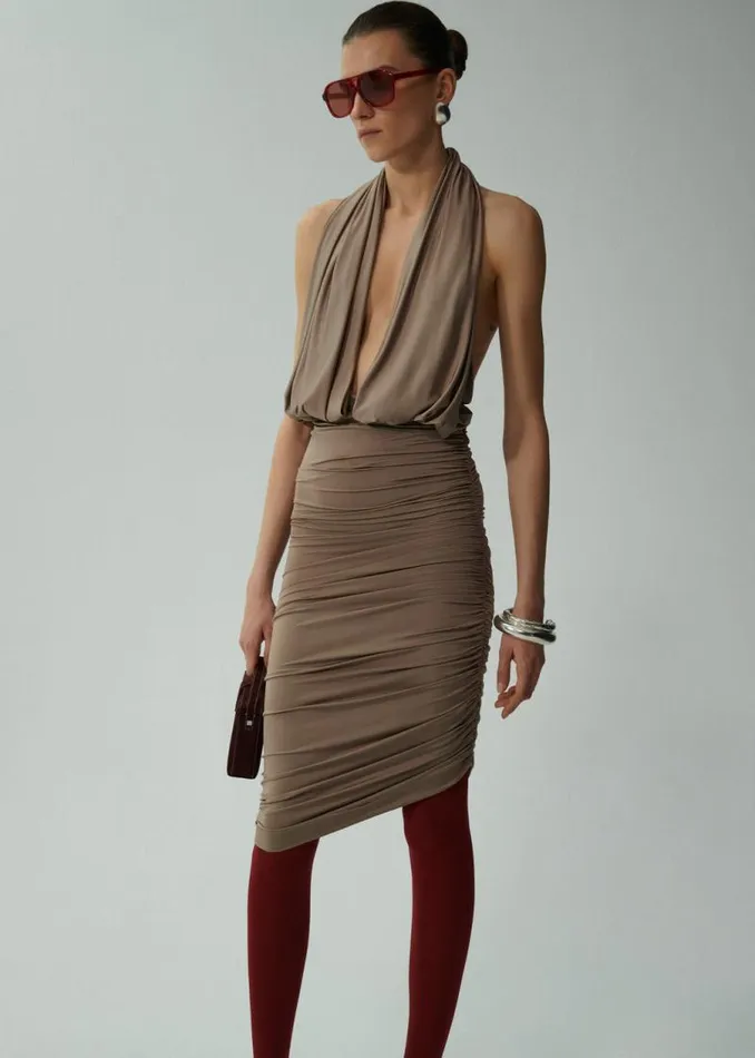 Shop Magda Butrym Dresses Plunge Halter Jersey Midi Dress In Beige Shop Magda Butrym Dresses Plunge Halter Jersey Midi Dress In Beige