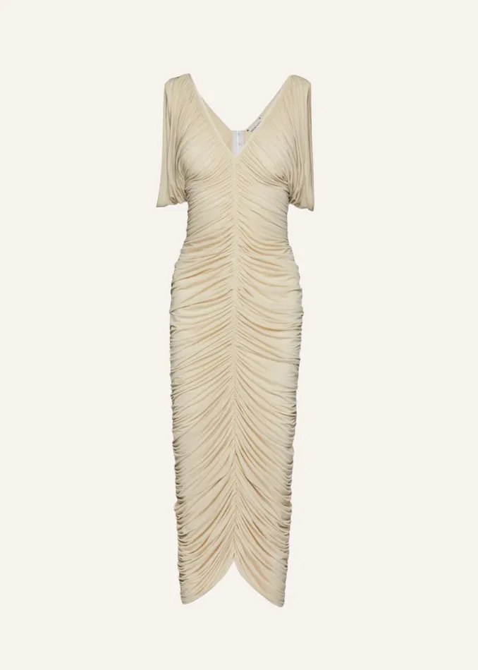 Shop Magda Butrym Dresses Ruched V Neck Midi Dress In Beige