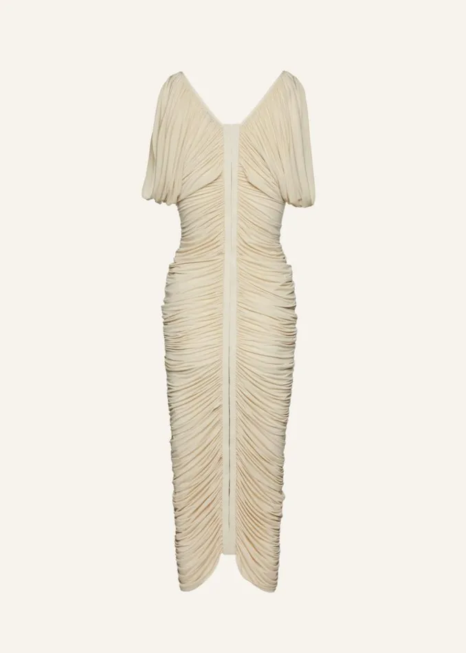 Shop Magda Butrym Dresses Ruched V Neck Midi Dress In Beige Shop Magda Butrym Dresses Ruched V Neck Midi Dress In Beige