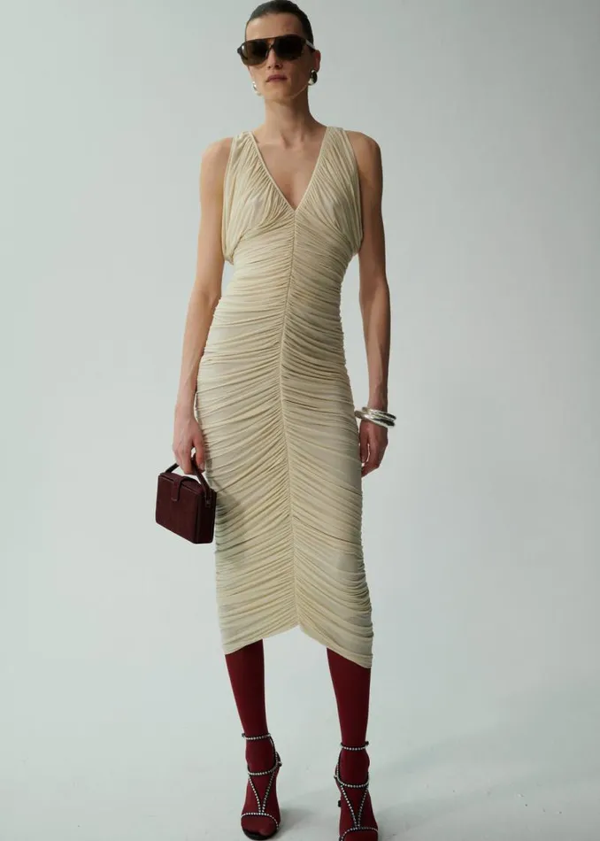 Shop Magda Butrym Dresses Ruched V Neck Midi Dress In Beige Shop Magda Butrym Dresses Ruched V Neck Midi Dress In Beige