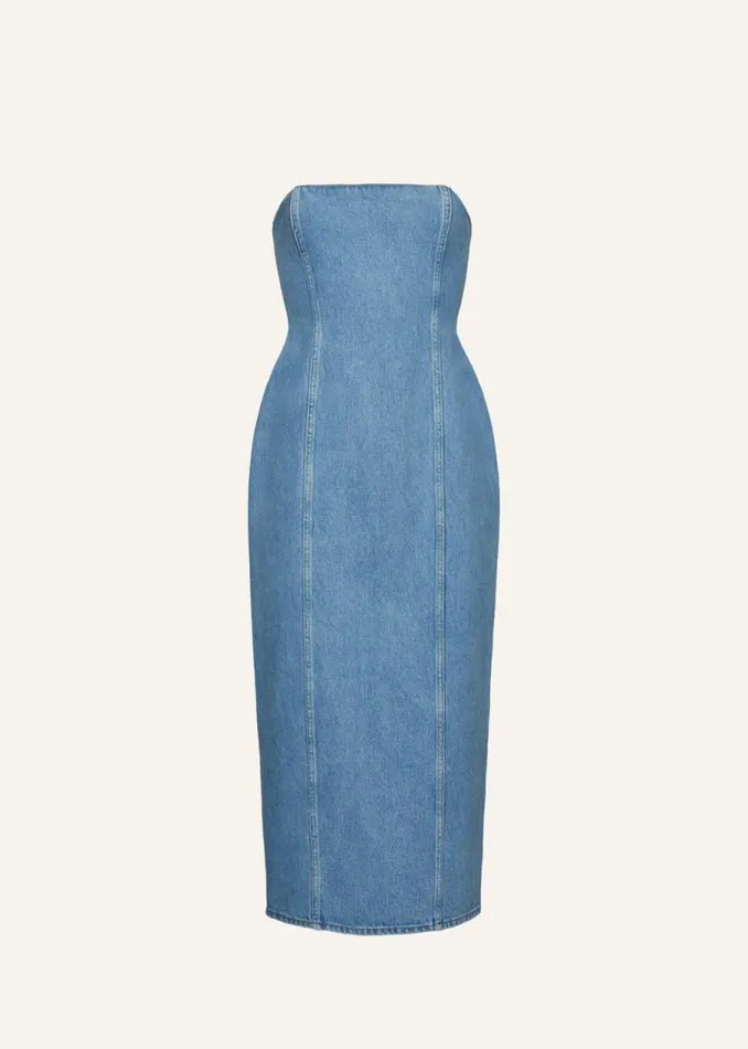 Shop Magda Butrym Dresses Strapless Hourglass Denim Corset Midi Dress In Light Blue